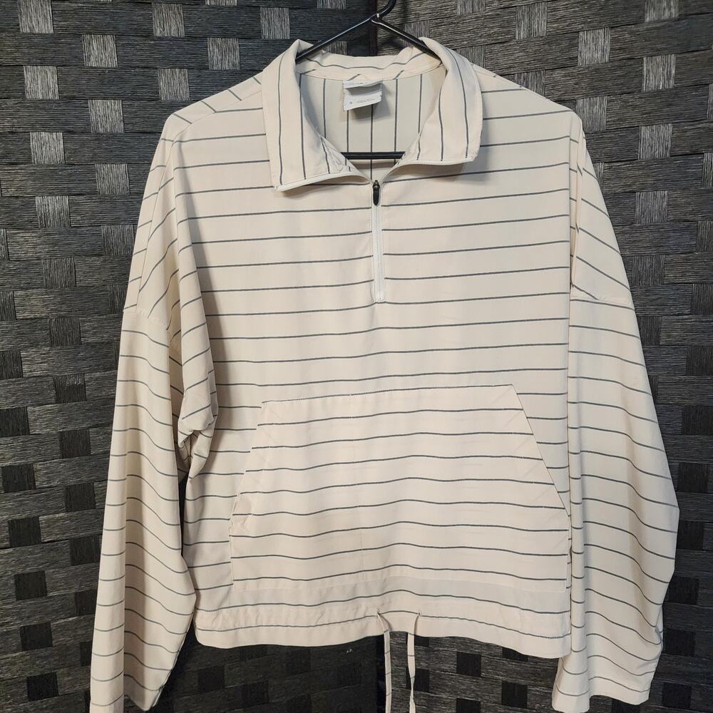 Prana Railay Pullover Shirt, White With Stripes, Medium Long Sleeve